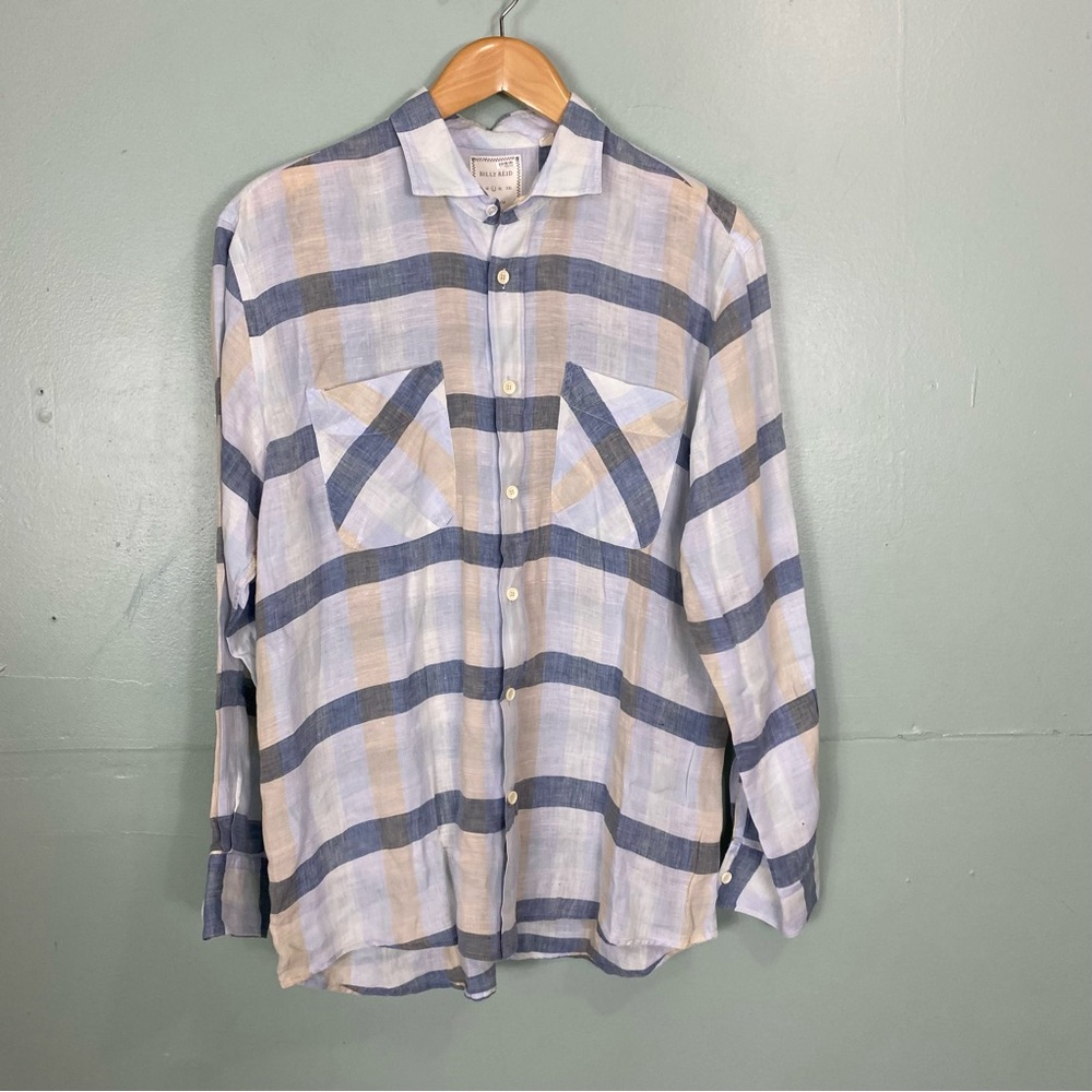 Billy Reid Plaid Linen‎ Button Down Shirt Large Blue Cream